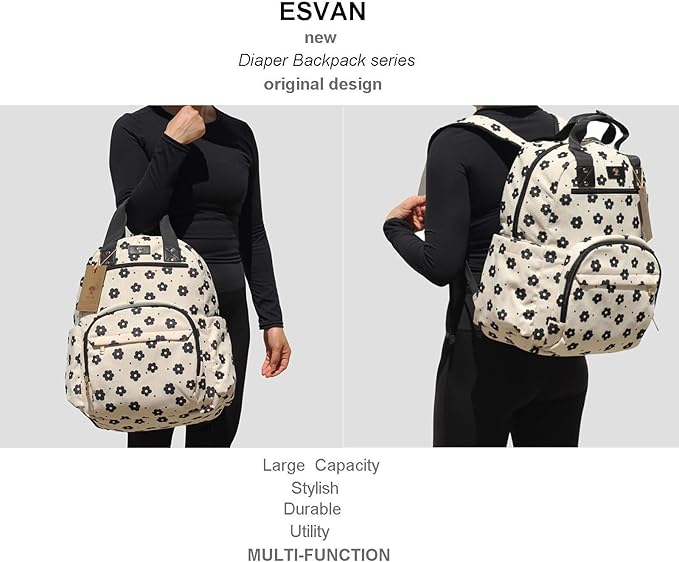 Diaper Bag Backpack, Large Capacity Multifunction Baby Essentials Fashion Travel Pack Linen Canvas office Laptop Bag (Corduroy Black Flower)