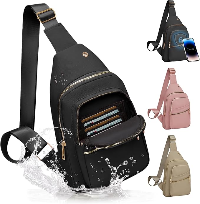 Small RFID Waterproof Travel Crossbody Sling Bags for Women Men, Black Hands Free Lightweight Sling Backpack Chest Bag Daypack for Outdoors Hiking Traveling Fitness Daily Commuting Shopping