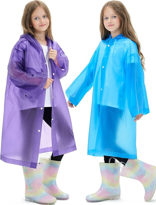 2 Pack Reusable Waterproof Raincoat EVA Emergency Rain Ponchos One Size Rain Jacket for Children, Boys and Girls