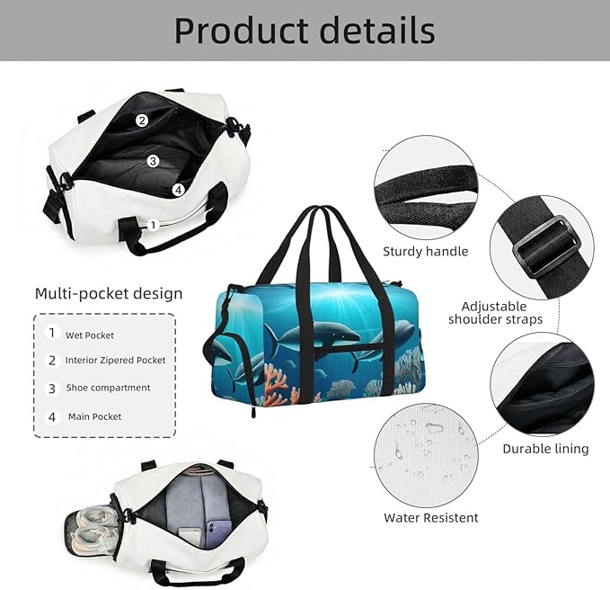 Whales under the sea Print Gym Bag with Shoe Compartment for Women Men, 17.7in Sports Duffle Weekender Tote, Overnight Travel Duffel Bag Carry On