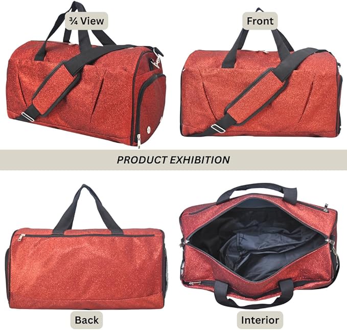 NGIL Glitter Cheers Sports Gym Duffel with Shoe Compartment and Small Carry on Travel Tote Bags for Women, Gym bag, Overnight bags for Women, Cheer Bag (Glitter-Red)