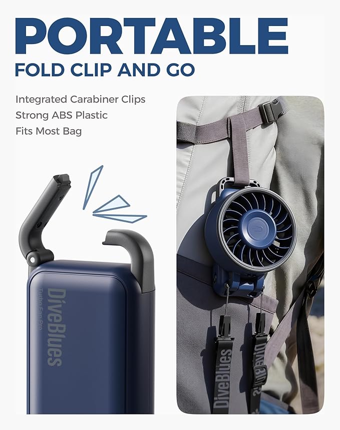 Diveblues Portable Handheld Fan, 7.4m/s High Speed Turbo Fan, 180° Foldable 4-in-1 Personal Neck Fan Integrated Carabiner Clip, 100 Speed Stepless Control, USB-C Rechargeable, 12H Battery, Fanzy D6036