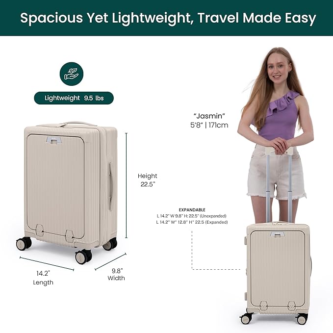 Nobl Travel Carry On Expandable Luggage, Noble Aluminum Frame PC Hard Shell Suitcase, 22.5”x14.2”x9.8” Airline Approved, 360° Spinner Wheels, TSA Locks, USB Charging, Cup & Phone Holder - Sand