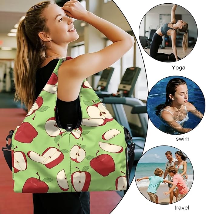 Apple Print Gym Bag that Holds Yoga Mat for Women Portable Green Duffel Bag with Pockets, Workout Bag with Shoe Compartment, Fitness Workout Sports Bag