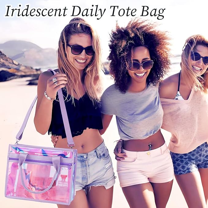 Iridescent Clear Beach Bag for Women, Large Pool Tote Cruise Vacation Essentials - Waterproof, Zipper Closure