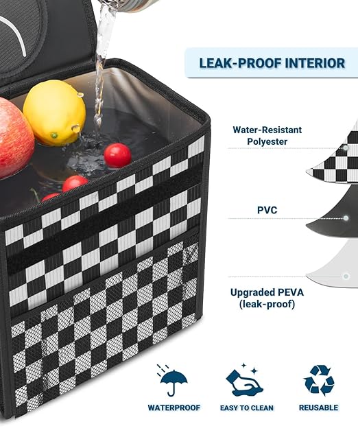 Capolo Car Trash Can with Lid, Leakproof Car Trash Bag Hanging Waterproof Automotive Garbage Can with Storage Pockets Mini Vehicle Trash Bin for Back/Front Seat(Corduroy Black Checkerboard,2.5 Gallon)