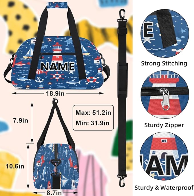 Nautical Coastal Mini Gym Bag 18 inch for Women Men Waterproof Custom Fish Ship Lighthouse Travel Duffel Bag Carry On Overnight Tote Nurse Bag for Work Fitness Hiking