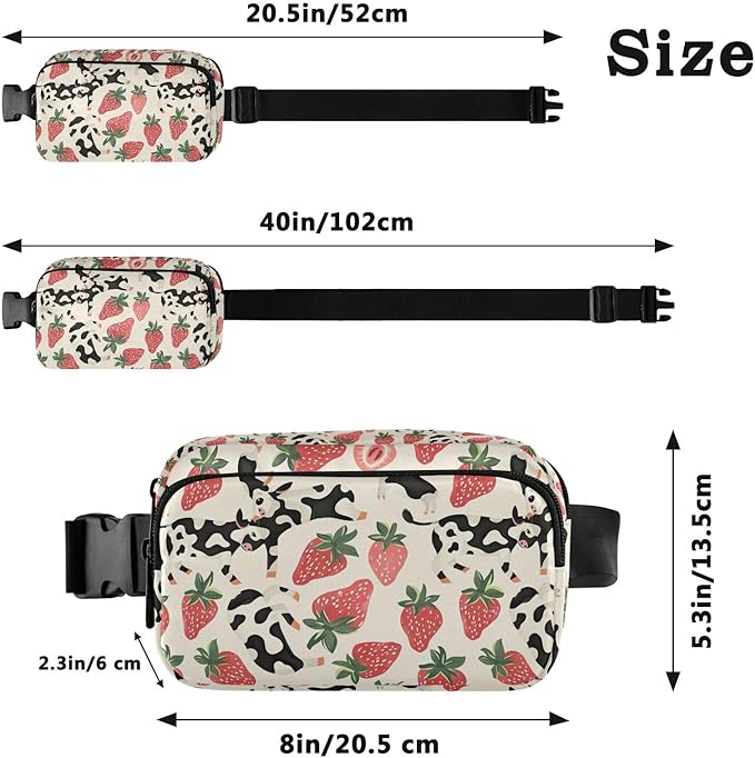 Kawaii Strawberry Cow Print Fanny Pack for Women Men Water Resistant Fashion Waist Packs with Adjustable Strap Belt Bag for Travel Workout Jogging Hiking 21219440