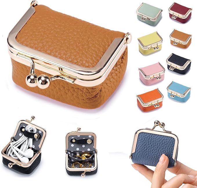 Genuine Leather Mini Jewelry Box & Coin Purse for Women, Travel Jewelry Case with Kiss Lock, Holds Earrings, Rings, Necklace, Bracelet, Coins (Caramel)