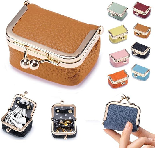 Genuine Leather Mini Jewelry Box & Coin Purse for Women, Travel Jewelry Case with Kiss Lock, Holds Earrings, Rings, Necklace, Bracelet, Coins (Caramel)