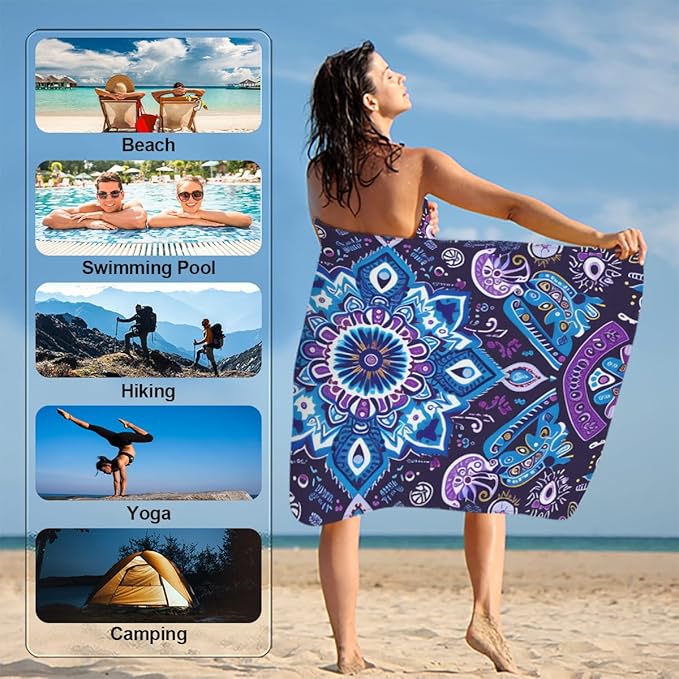 Vintage Floral Purple Beach Towel, Large Microfiber Quick Dry Lightweight Pool Bath Towels Sand Free Beach Blanket for Summer Cruise Yoga Camping Travel Vacation Essentials 31 x 61 in