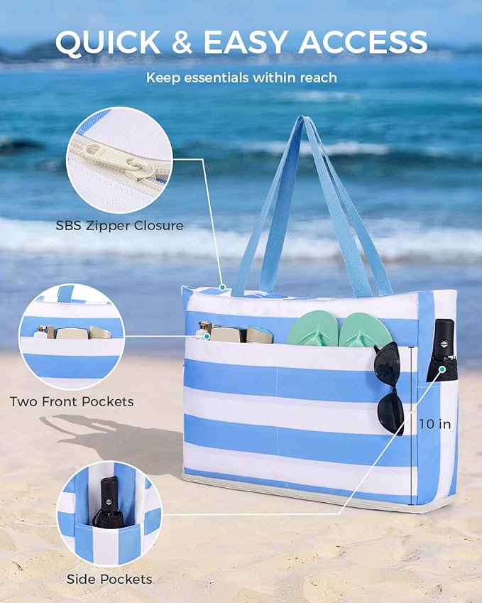 WANDF Beach Bags for Women, Large Waterproof Sandproof Beach Tote Bag with Zipper Family Pool Bags with 40oz Tumbler Pocket, Swim Cruise Vacation Essentials (Blue) | 40oz Tumbler Pocket