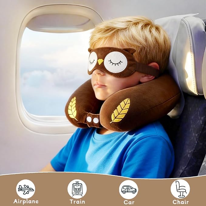 Travel Pillow, Kids Travel Pillow with Sleep Eye Mask Soft Memory Foam Kids Neck Pillow for Boys & Girls, Travel Accessories for Car Airplane Traveling - Owl