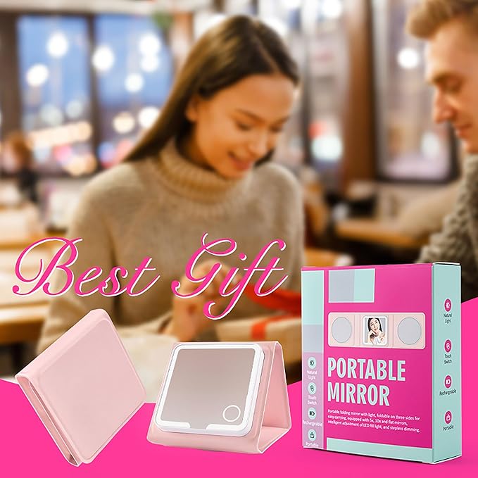 Rechargeable Trifold Makeup Mirror with Lights, 1X 5X 10X Magnification, Portable LED Lighted Compact Mirror with 3 Magnetic Zoom Mirrors for Travel & Vanity (Pink)