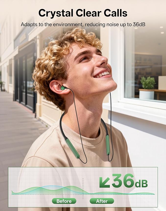 Neckband Bluetooth Headphones, Wireless Bluetooth 6.0 Earbuds with Microphone, Comfortably Light, Deep Bass Earphones 35H Playtime, IPX5 Waterproof, Magnetic Headset for Workout (Olive Green)
