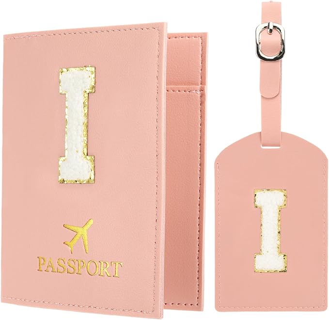 PATIKIL Passport Holder for Travel, Initial Passport Cover and Luggage Tag Set with Alphabet Chenille Letter Patch Travel Wallet Bag Suitcase Identifier for Women Family Travel Pink I