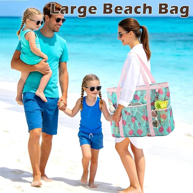 Mesh Beach Bag with Zipper, Large Beach Tote for Women, Toys Pool Swim Bag Travel Vacation Cruise Essentials