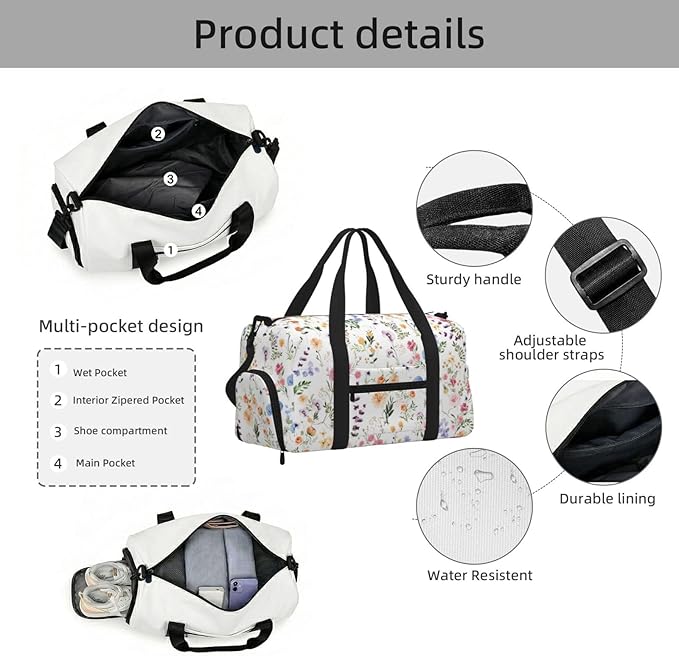 Spring Wildflower Meadow Flower Garden Greenery Women'S Gym Duffle Bag With Shoes Compartment, Ideal For Travel, Gym, Sports, Duffel, Weekender