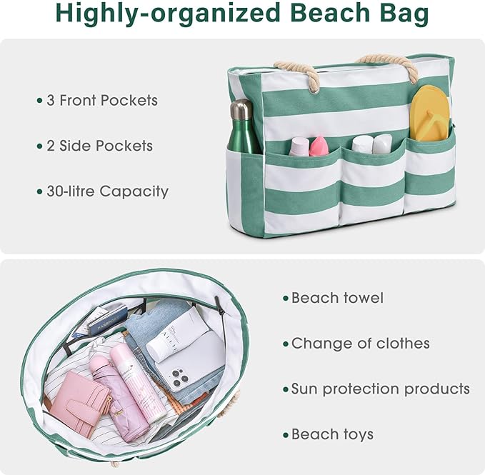 Becokan Beach Bags for Women Canvas Large Beach Tote Bag Zipper Waterproof Sandproof Foldable Swim Pool Bag with 7 Pockets