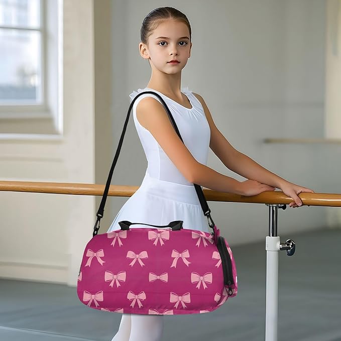 Bow Fuschia Pattern Kids Sports Duffle Bag for Boys Girls Toddler Weekender Overnight Bag with Shoe Compartment & Wet Pocket Kids Carry On Shoulder Bag for Gym Dance Sport Travel