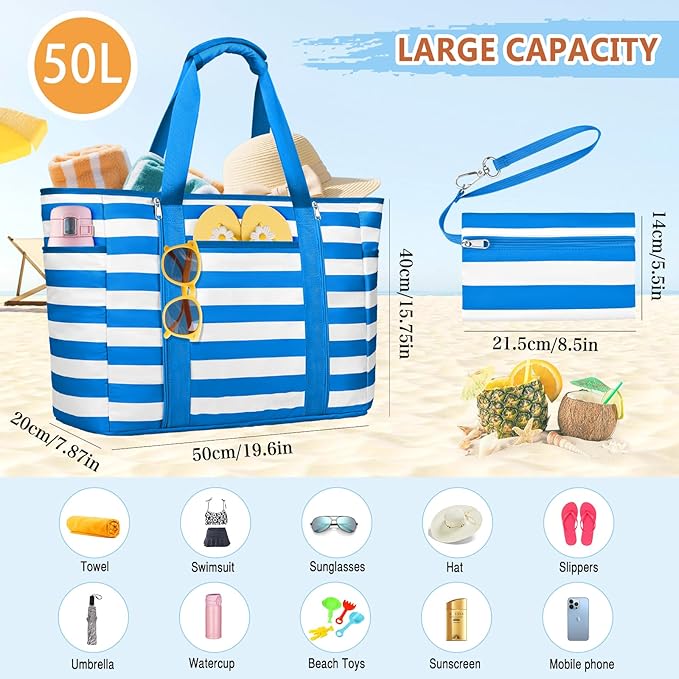 Extra Large Beach Bags for Women, Waterproof Sandproof Beach Tote Bag Foldable Swim Pool Bag with Zipper and Wet Pocket