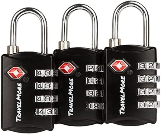 3 Pack TSA Luggage Locks with 4 Digit Combination – Heavy Duty Set Your Own Padlocks for Travel, Baggage, Suitcases & Backpacks - Black