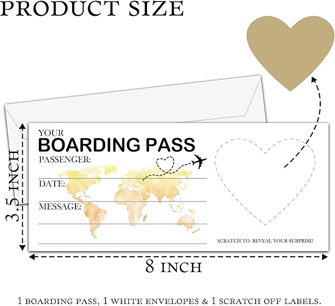 Scratch Surprise Boarding Pass, 1 Set Make Your Own DIY Travel Ticket, Surprise Reveal Card for Holiday, Christmas, Wedding, Birthday, Anniversary, Party Supply(3.5"x8" Gold)-A007
