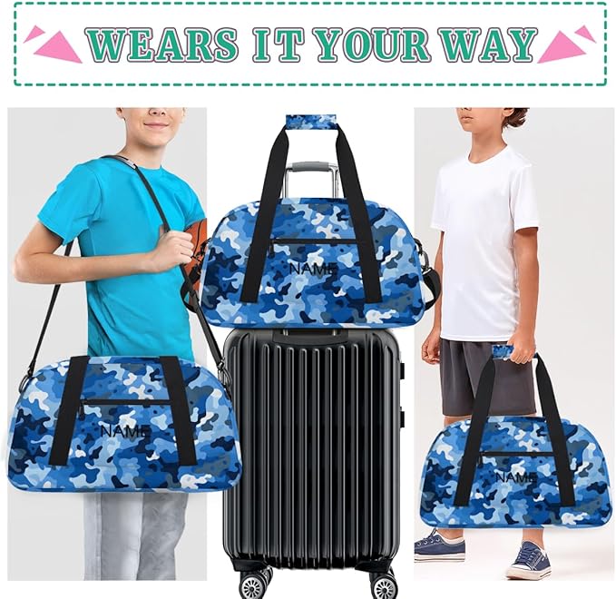 Custom Name Blue White Camouflage Boys Gym Travel Duffle Bag with Front Zipper Pocket Personalized Sports Bag for Overnight, Weekender, Carry On, 18.9 * 8.7 * 10.6 in