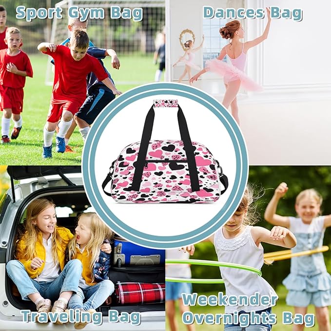 Pink And Black Leopard Print Hearts Sports Duffel Bags, Water-Resistant Gym Duffle Bag for Men Women, Lightweight Weekender Overnight Bag for Fitness, Workout, Travel