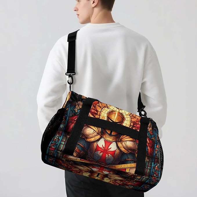 Stained Glass Knights Crusader Duffle Bag Gym Bag for Workout Travel Tote with Detachable Straps