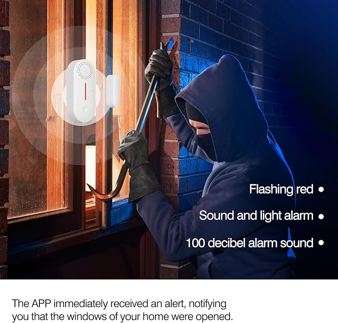 eMylo 2.4G WiFi Door Window Alarm Sensor - Tuya APP Remote Control, Voice Control, Timing Arm/Disarm, Red Light Alert, Easy Install for Dementia Patients Home/Apartment Security