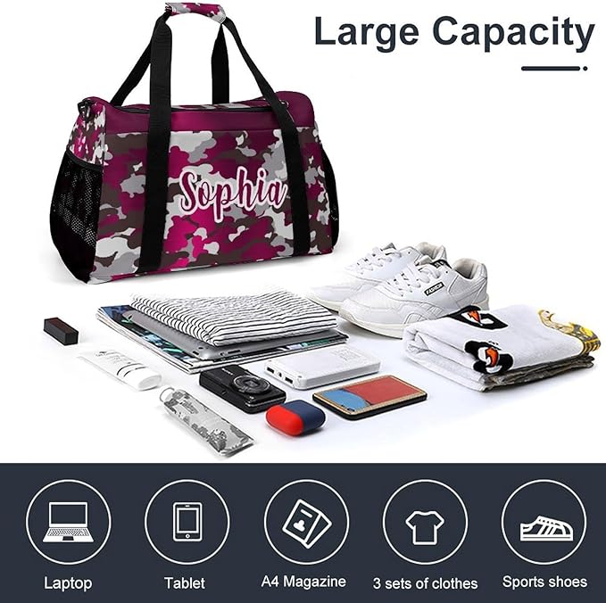 Pink Red Fuchsia Camouflage Camo Travel Bag, Customized Duffel Bags, Overnight Bag, Personalized Gift, Workouts Gym Casual Bag, Perform Backpacks