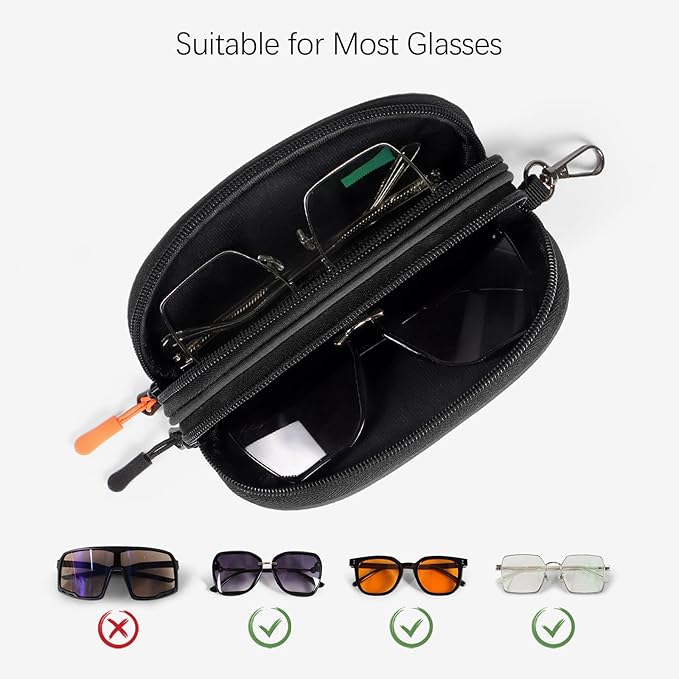 Double Eyeglasses Case Soft Portable Zipper Sunglasses Pouch with Keychain Clip for Men Women