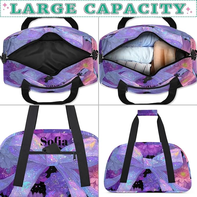 Custom Name Girls Gym Travel Duffle Bag with Front Zipper Pocket Personalized Sports Bag for Overnight, Weekender, Carry On,Workout & Dance, 18.9 * 8.7 * 10.6 in，Purple Bow