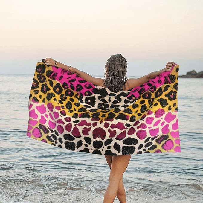 Pink Leopard Star Sand Free Beach Towel – 27.5"X55" Quick Dry Microfiber Beach Towels for Travel, Swimming, Pool, and Camping, Absorbent and Compact Beach Essential for Women, and Men