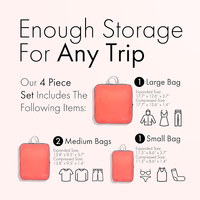 (Not Made In China) Compression Packing Cubes For Travel, Suitcase and Luggage Space Saver Organizer Bags, Lightweight, Waterproof Nylon, Durable, 4pc Set, Coral