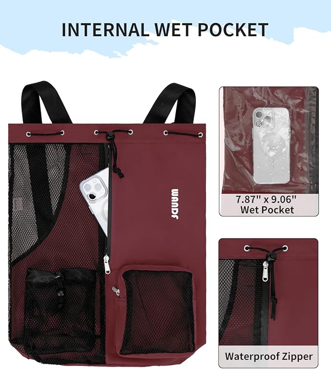WANDF Swim Bag Mesh Drawstring Backpack with Wet Pocket for Swimming, Gym, and Workout Gear