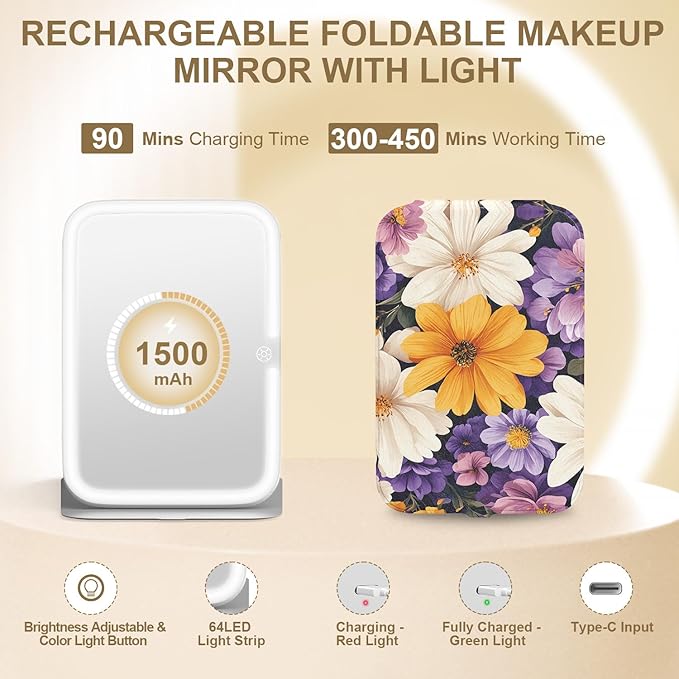 Mocado Travel Makeup Mirro with Lights, 360° Rotation Lighted Makeup Mirror, Portable Mirror with 10x Magnification, 3 Color Lightings, Dimmable Touch Screen, Tabletop Light up(Sun Daisy)