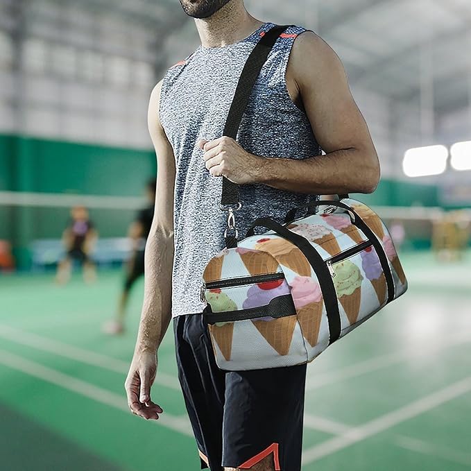 Oxford Cloth Ice Cream Cones Gym Bag,Duffle Bag with Shoes Compartment And Adjustable Shoulder Straps，Weekender Bags for Men Women.