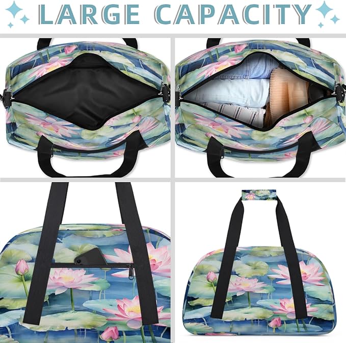 Duffle Bag for Women Men, Pink Lotus Blue Pond Gym Bag for Travel Sports, Lightweight Waterproof Weekender Overnight Bags with Adjustable Strap