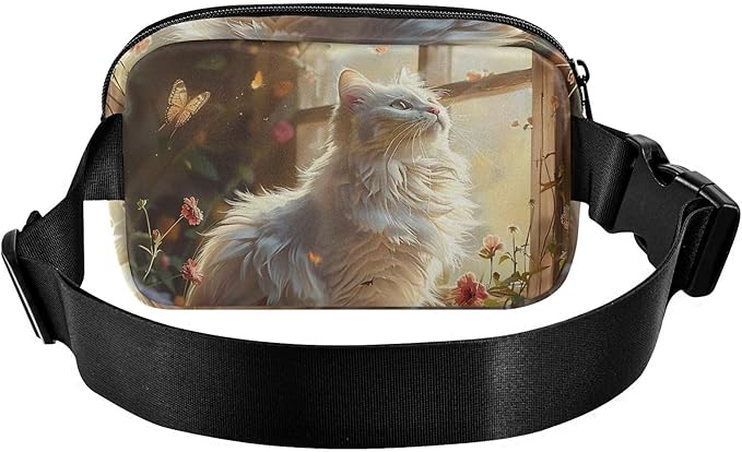 White Cat Sits by Flower Window Fanny Pack for Women Men Water Resistant Fashion Waist Packs with Adjustable Strap Belt Bag for Travel Workout Jogging Hiking 21220536