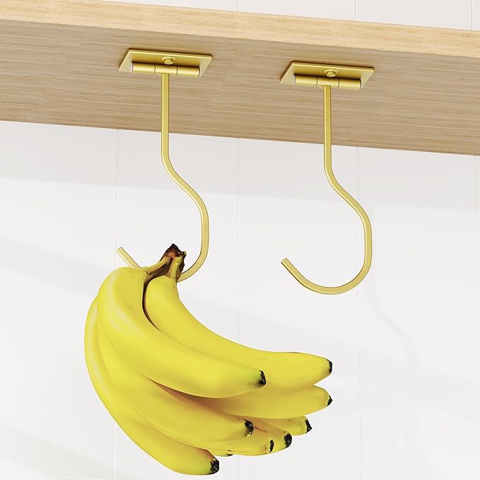 Adhesive Banana Hook Under Cabinet: 2-Pack Foldable Metal Banana Hanger, Space-Saving Under Counter Banana Holder for Kitchen & RV, Gold