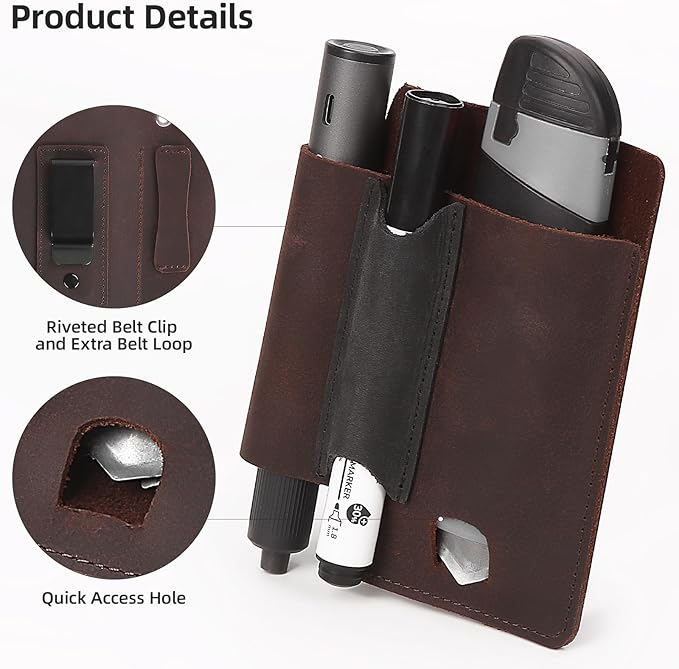 Leather Tool Belt Pouches Tool Holster EDC Pouch with Belt Clip, Multitool Sheath Pocket Organizer Includes Metal Clip, Fits Flashlight, Pen