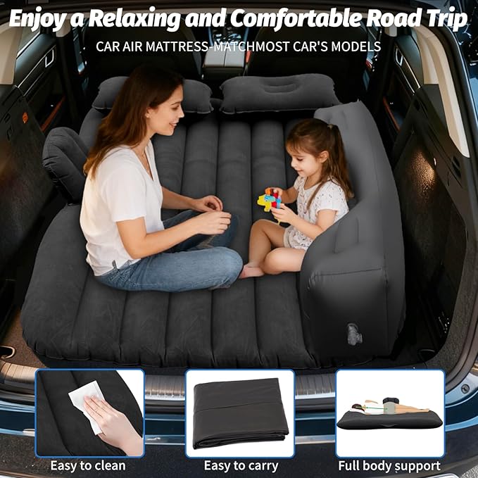 Inflatable Car Air Mattress Back Seat Bed with Air Pump,53 "x 32.6" Portable Thickened Car Travel Camping Sleeping Air Mattress Blow Up Bed for Car Universal SUV
