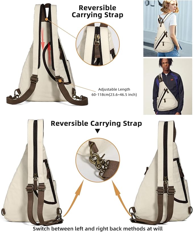KL928 Canvas Sling Bag - Small Crossbody Backpack Shoulder Casual Daypack Rucksack for Men Women(Large Version,Beige)