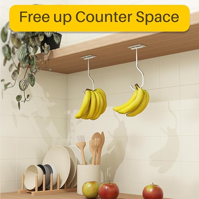 Under Cabinet Banana Hook Foldable - Adhesive Banana Hanger Under Counter, Heavy Duty Stainless Banana Holder (13lb), Magnetic Fold-Up When Not in Use, Premium Material, Silver