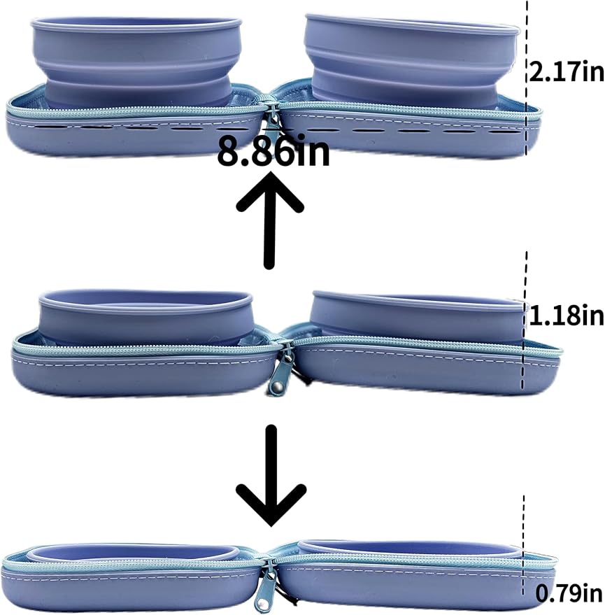 Portable Dog Bowl, Collapsible 2-in-1 Travel Dog Bowls with Carabiner Clip, Silicone Double Pet Food and Water Dish for Outdoor Camping and Hiking (Blue)