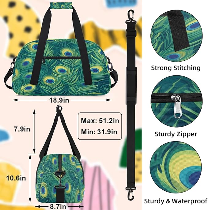 Kids Duffle Bag Girls Boys Green Peacock Feather Eyes Weekender Overnight Bag,Lightweight Duffel Bags for Traveling Gym Sport Dance
