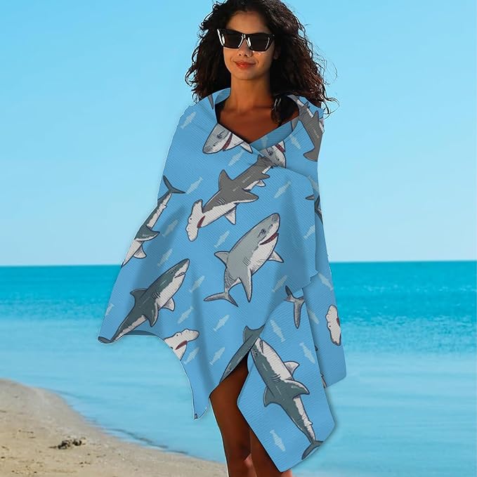 Sharks Microfiber Beach Towels,Sharks and Small Fish in Ocean Oversized Absorbent Bath Towels,Soft Quick Dry Thin Camping Towel for Adults Women Men,29.5"×59"