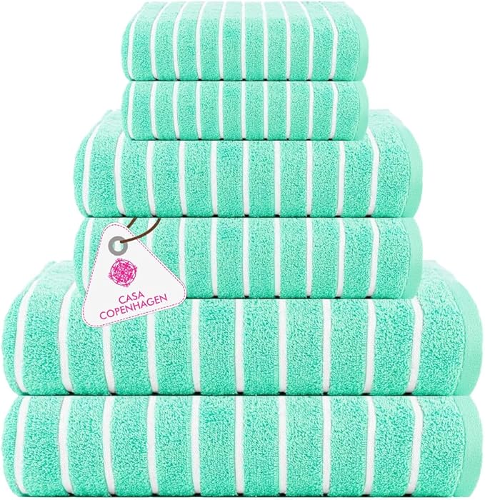 CASA COPENHAGEN Ecstatic 6Pcs 100% Egyptian Cotton Large Designer Towels Gift Set- Aquamarine, 600GSM, 2Bath 2Hand 2Washcloths, Bath Towels for Bathroom Set for Women & Men